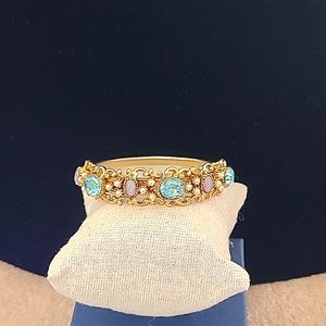 Vintage turn of century ladies gold bangle ornate bracelet Pearl cats eye Topaz